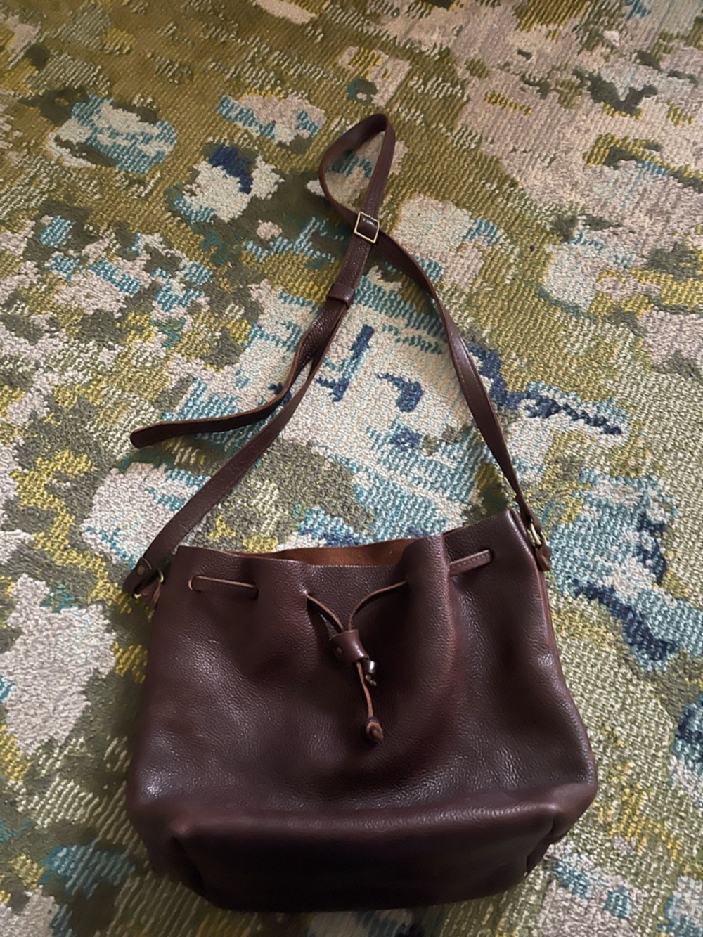 Portland Leather Dark Brown Drawstring Crossbody Bucket Bag
